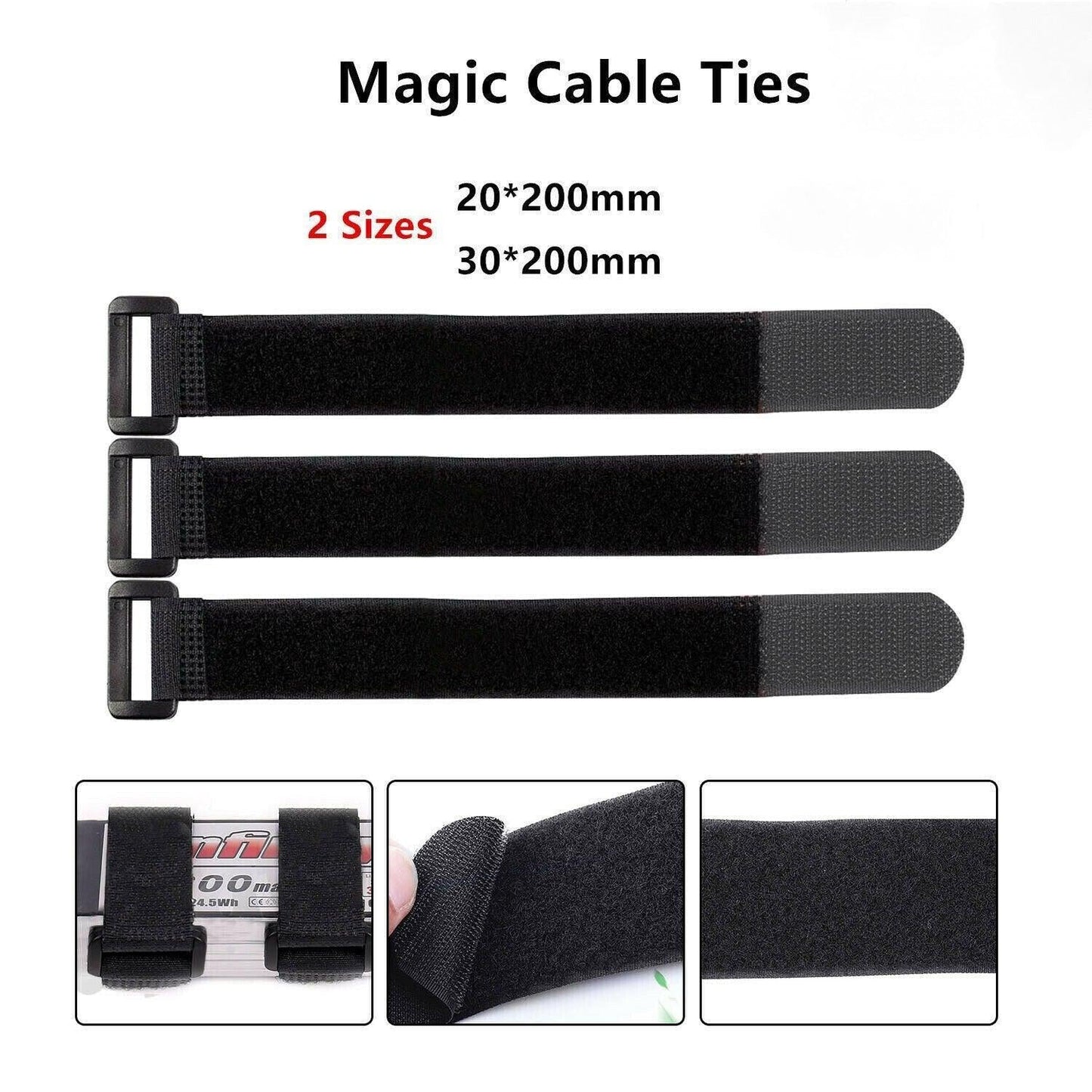 Magic Cable Ties Reusable Winder Coded Organiser Cords Hook Loop Black - 20*300mm  20PCS.