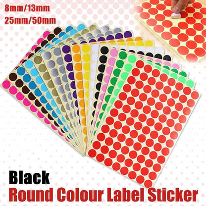 8/13/25/50mm Colour Sticker Dots Adhesive Round Labels Circular Scrapbooking Black - 8mm 260 Dots - 5 Sheets.