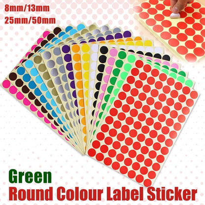 8/13/25/50mm Colour Sticker Dots Adhesive Round Labels Circular Scrapbooking Green - 8mm 260 Dots - 5 Sheets.