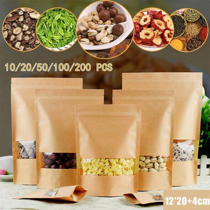 10x 12*20+4cm Stand Up Bag Kraft Paper Seal Packaging Window Zip Lock Pouch - 10 PCS