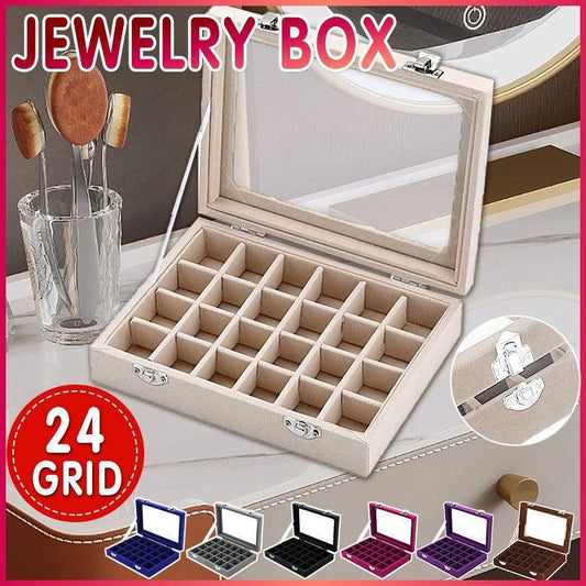 Velvet Jewelry Box Earring Organizer Display Case Storage Holder with 24 Grid - Grey.