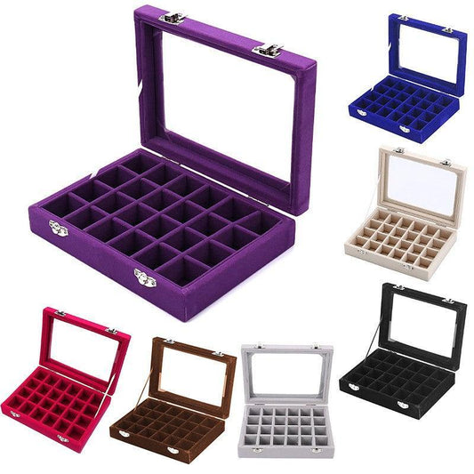 Velvet Jewelry Box Earring Organizer Display Case Storage Holder with 24 Grid - Grey.
