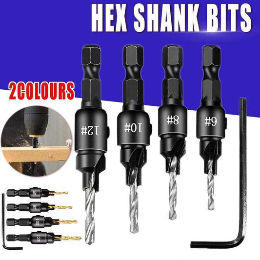 4PCS Screw Countersink Bit Set Pilot Holre Drill Metal Plastic Wood Hex Shank - Gold.