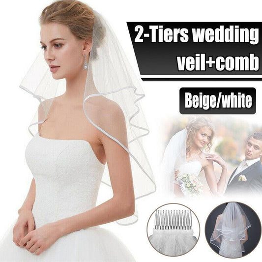 Bridal 2 Layer Wedding Veil with Comb Satin Edge Short Tulle for Women White Ivory - Beige