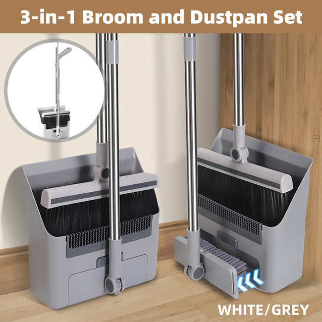 3 in1 Broom Set for Winnowing Brushing Handheld Cleaning Tool Home Kitchen Floor - White Hover Image