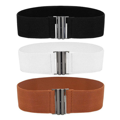 Women Elastic Waist Belt Stretch Cinch Wide Band with Metal Buckle for Dress 3Colours - White