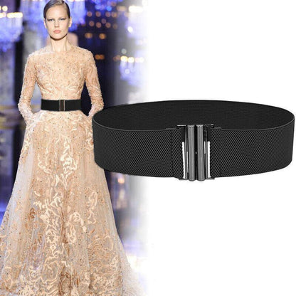 Women Elastic Waist Belt Stretch Cinch Wide Band with Metal Buckle for Dress 3Colours - White