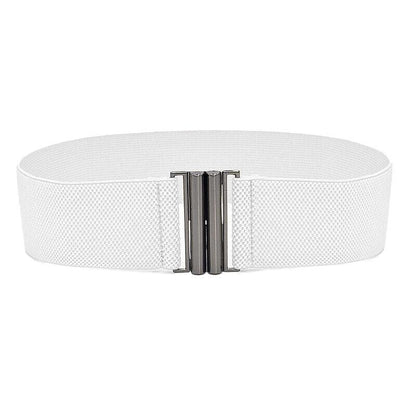 Women Elastic Waist Belt Stretch Cinch Wide Band with Metal Buckle for Dress 3Colours - White