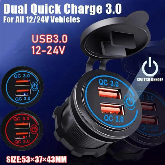 1Ã Dual USB Car Charger QC 3.0 Quick Charge 12V-24V Power Outlet - Blue.