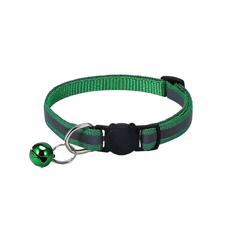 Reflective Cat Collar with Breakaway Buckle and Bell Adjustable for Small Pet Use - Shiny Green