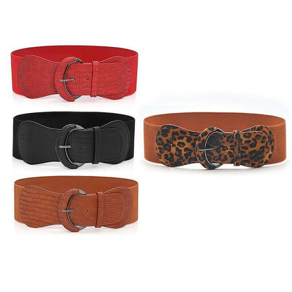 Faux Leather Cinch Waist Belt with Buckle for Women Stretch Wide Elastic Dress Belt - Red