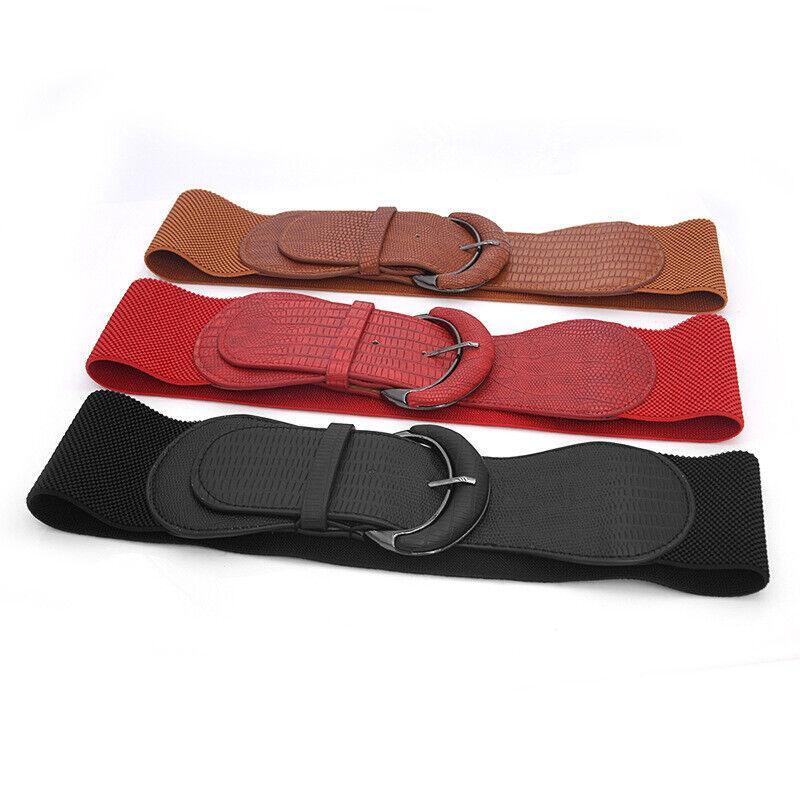 Faux Leather Cinch Waist Belt with Buckle for Women Stretch Wide Elastic Dress Belt - Red
