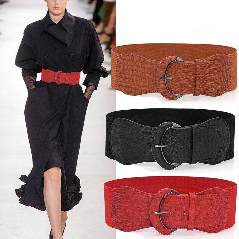 Faux Leather Cinch Waist Belt with Buckle for Women Stretch Wide Elastic Dress Belt - Red