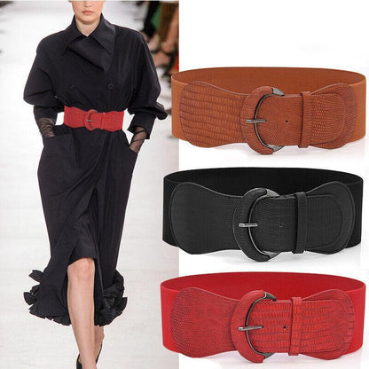 Faux Leather Cinch Waist Belt with Buckle for Women Stretch Wide Elastic Dress Belt - Red