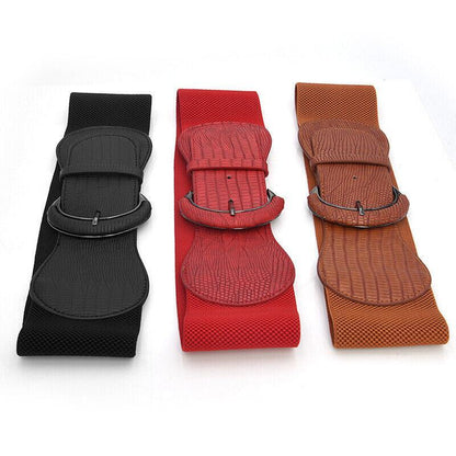 Faux Leather Cinch Waist Belt with Buckle for Women Stretch Wide Elastic Dress Belt - Red