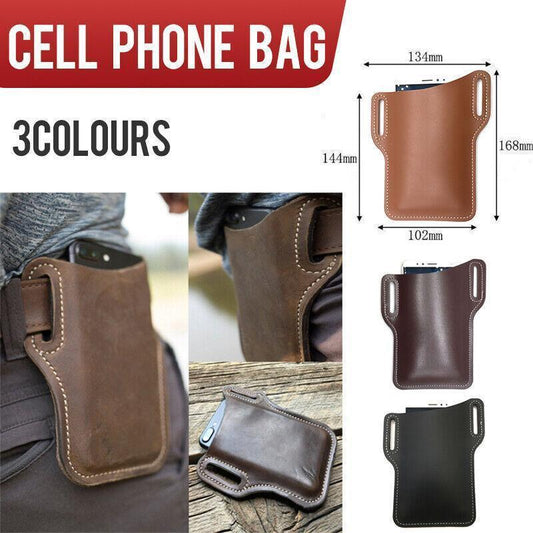 Leather Phone Holster Pouch Belt Clip Loop Waist Bag Cover Case for Men - Dark Brown.
