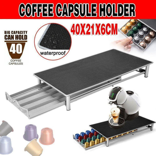 Coffee Capsule Drawer Holder for 40 Nespresso Pods with Non-Slip Top Rack.