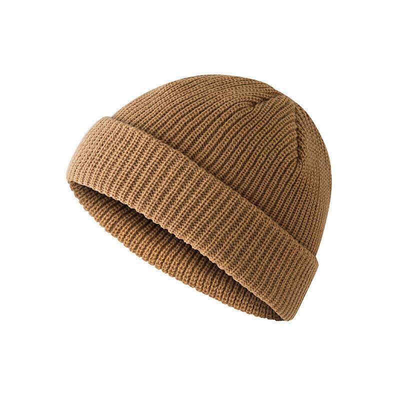 Men Women Mini Fisherman Beanie Winter Spring Hat Soft Knitted Docker Skull Cap - Beige