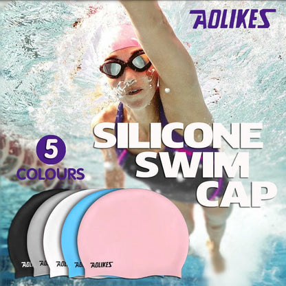 Aolikes Silicone Swimming Cap Waterproof Unisex Swim Hat for Men and Women - Black