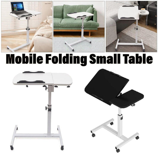 Adjustable Folding Computer Desk Stand Floor-Standing Movable Bedside Table - White.
