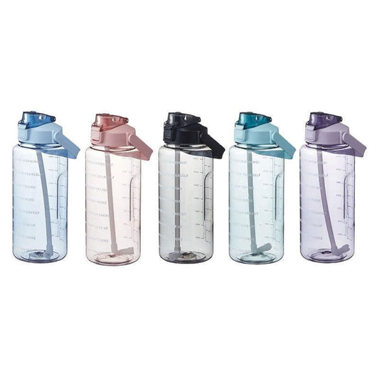 2L Water Bottle Straw Cup Motivational Drink Flask With Time Markings Sports Gym - Black.