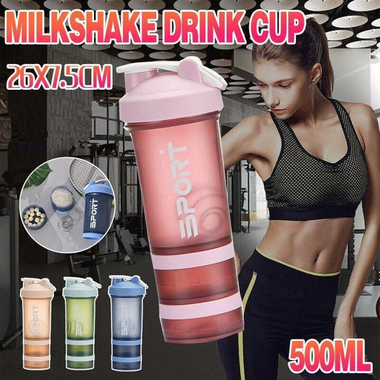 Powder Milkshake Drink Cup Sport Water Bottle 500Ml 3 Tier Protein Shaker Pill - Green.