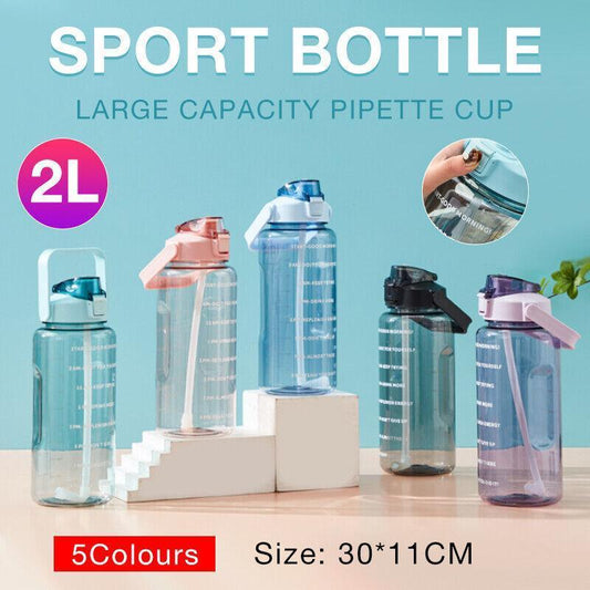 2L Water Bottle Straw Cup Motivational Drink Flask With Time Markings Sports Gym - Green.