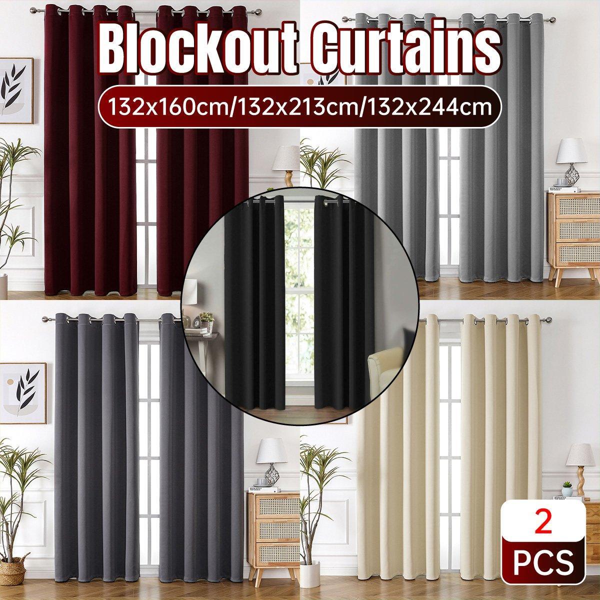 2pcs Semi Blackout Curtain Fabric Solid Colour Home Decor Drapes for Living Room - Black - 132x244cm