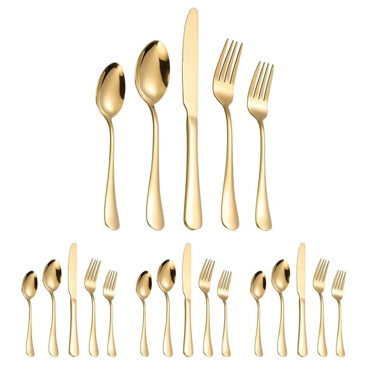 20/40pcs Stainless Steel Cutlery Set Knife Fork Spoon Western Hotel Tableware - Golden-40pcs