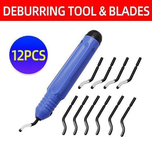 12PCS Manual Deburring Tool Set with Swivel Handle and Replacement Blades.
