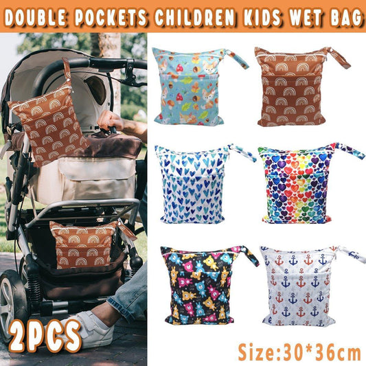 2PCS Cartoon Printed Diaper Bag Double Zipper Washable Storage Organizer - Blue Heart.