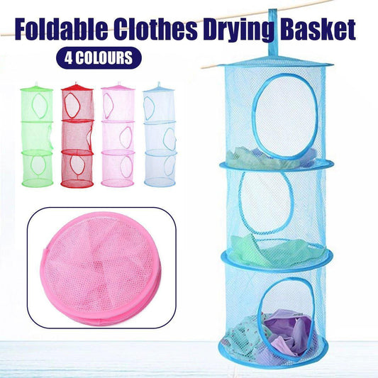 Foldable Clothes Drying Basket Three-layer Hanging Storage Breathable Organizer - Blue.