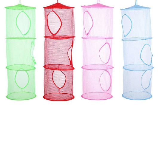 Foldable Clothes Drying Basket Three-layer Hanging Storage Breathable Organizer - Red.