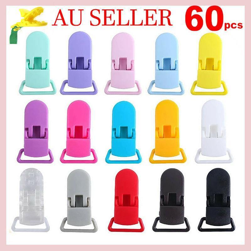 60 Random Colored Plastic Pacifier Dummy Clip Suspender Badge Holder for Crafts.