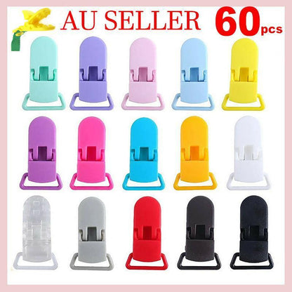 60 Random Colored Plastic Pacifier Dummy Clip Suspender Badge Holder for Crafts.