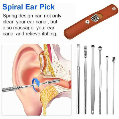 6Pcs Stainless Steel Ear Pick Curette Wax Cleaner Earpick Remover Earwax Removal - Brown