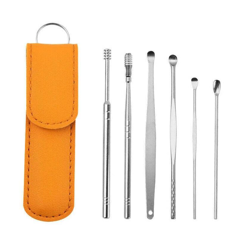 6Pcs Stainless Steel Ear Pick Curette Wax Cleaner Earpick Remover Earwax Removal - Brown