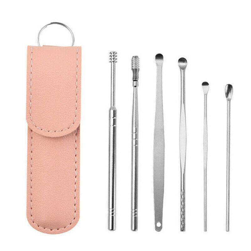 6Pcs Stainless Steel Ear Pick Curette Wax Cleaner Earpick Remover Earwax Removal - Brown