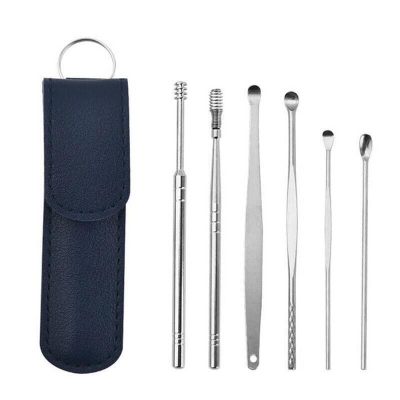 6Pcs Stainless Steel Ear Pick Curette Wax Cleaner Earpick Remover Earwax Removal - Brown