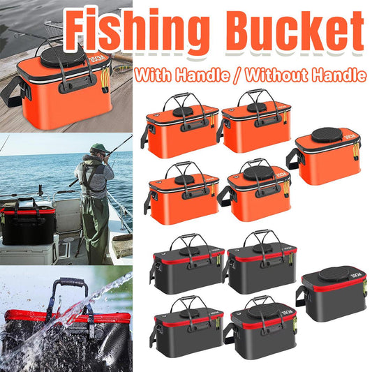 Portable Folding EVA Fishing Bucket Multi Use Live Fish Container with Strap - Black-35cm.