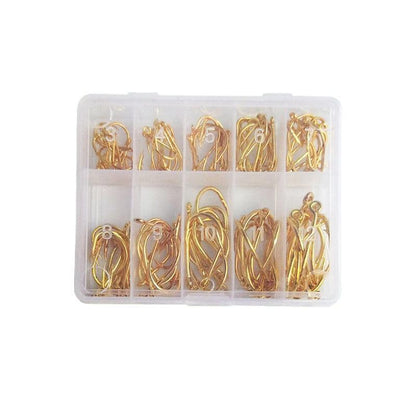 Fishing Hooks Octopus Style 100pcs Chemically Sharpened Assorted Sizes 3-12 - Gold.