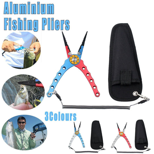 Aluminium Fishing Pliers Hook Remover Line Cutter Braid Mono Split Ring Fish Grip - Blue+Red.
