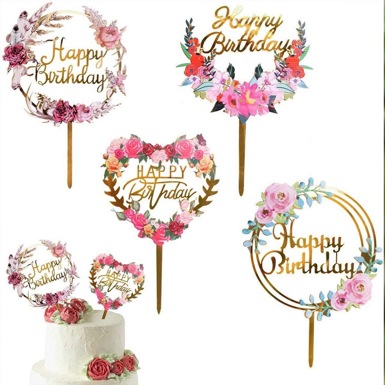 Happy Birthday Anniversary Wedding Cake Flowers Topper Acrylic Party Decorations - NO.15