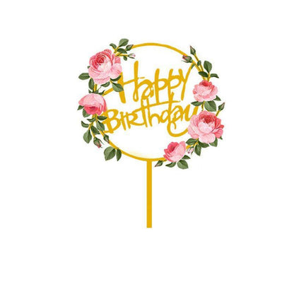 Happy Birthday Anniversary Wedding Cake Flowers Topper Acrylic Party Decorations - NO.15