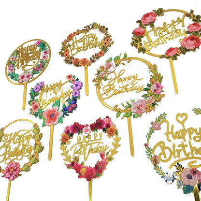 Happy Birthday Anniversary Wedding Cake Flowers Topper Acrylic Party Decorations - NO.08