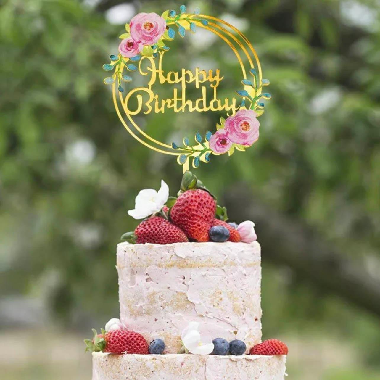 Happy Birthday Anniversary Wedding Cake Flowers Topper Acrylic Party Decorations - NO.08