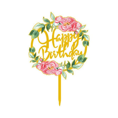 Happy Birthday Anniversary Wedding Cake Flowers Topper Acrylic Party Decorations - NO.08