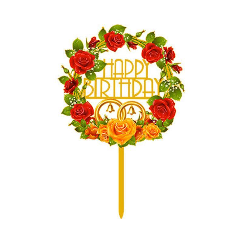 Happy Birthday Anniversary Wedding Cake Flowers Topper Acrylic Party Decorations - NO.08