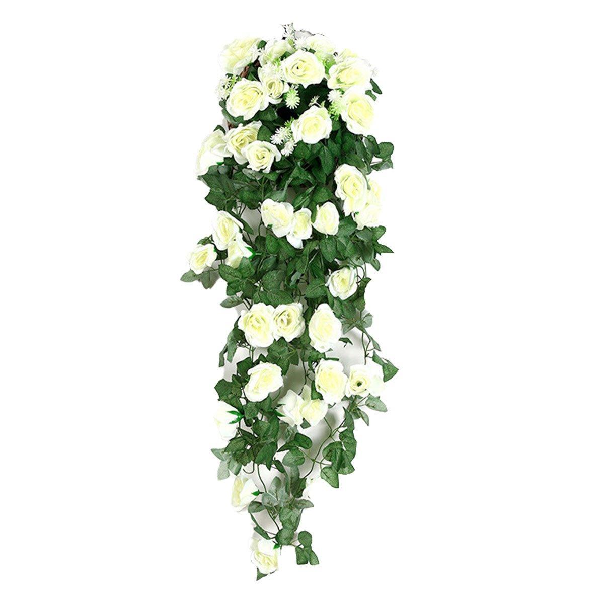 2PCS Artificial Rose Flower Garland Hanging Vine Home Wall Decor Fake Rattan - Rose Red