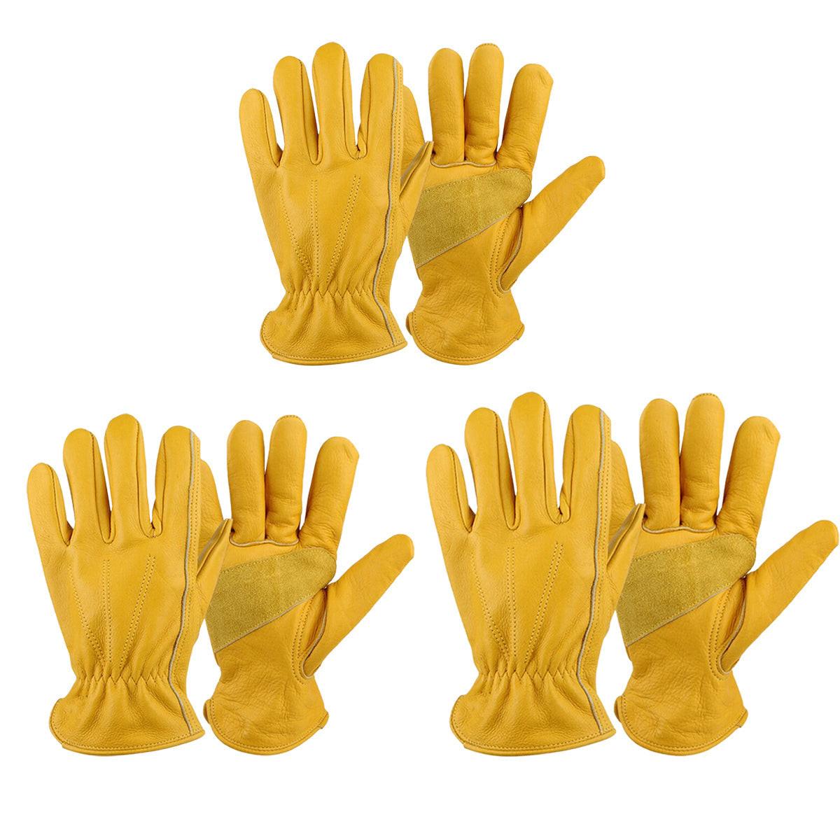 Golden Yellow Cowhide Work Gloves Full Finger Gardening DIY Home Maintenance Use - XL.